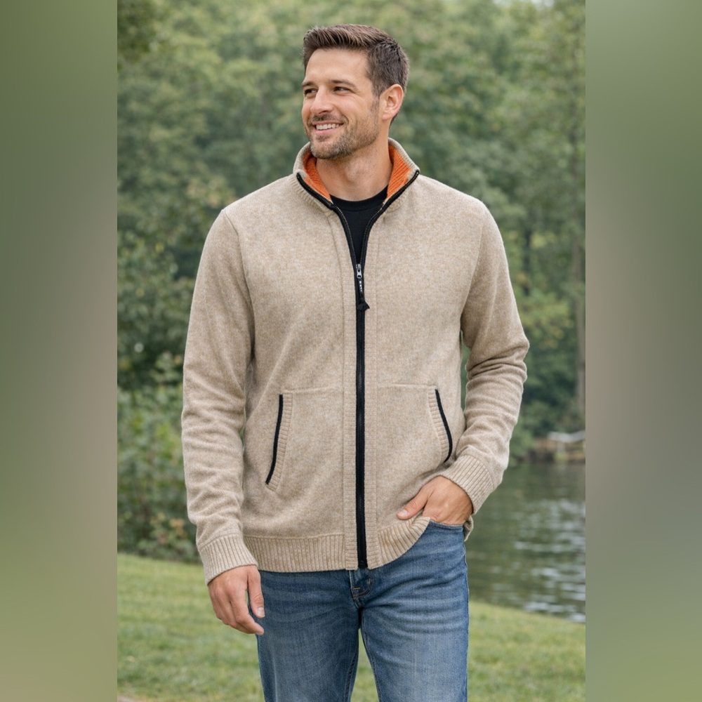 Yeokou NEW with Tags Men's Tan Zip-Up Sweater with Black Details